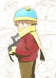 Rule 34 | &gt; &lt;, 1boy, bad id, bad pixiv id, brown eyes, brown hair, cat, coat, eating, eric cartman, closed eyes, hat, holding, male focus, mittens, open mouth, scarf, sketch, solo, south park, standing, suzumiyu