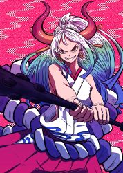 Rule 34 | 1girl, ahoge, bare arms, bare shoulders, batchgooya, blue hair, club, club (weapon), commentary request, curled horns, earrings, evil eyes, evil grin, evil smile, fingernails, green hair, grin, hair ornament, hair stick, hakama, hakama skirt, highres, holding, holding weapon, hoop earrings, horns, japanese clothes, jewelry, kanabou, kataginu, long hair, looking at viewer, multicolored hair, multicolored horns, one piece, oni, orange horns, outstretched arms, red eyes, red horns, ringed eyes, rope, scratches, shimenawa, skirt, smile, solo, v-shaped eyebrows, weapon, white hair, yamato (one piece)