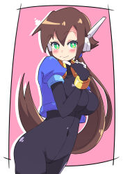 Rule 34 | 1girl, absurdres, aile (mega man zx), black bodysuit, blush, bodysuit, bottomless, breasts, brown hair, buzzlyears, cropped jacket, female focus, green eyes, highres, jacket, large breasts, long hair, mega man (series), mega man zx, mega man zx advent, navel, open clothes, open jacket, ponytail, robot ears, smile, tagme