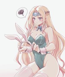 Rule 34 | 1girl, animal ears, bare shoulders, blonde hair, blue eyes, blush, bow, bowtie, breasts, celes chere, cleavage, cowboy shot, final fantasy, final fantasy vi, green leotard, hair ornament, highres, holding ears, large breasts, leotard, long hair, pan ff6, parted bangs, playboy bunny, rabbit ears, solo, squiggle, thighhighs, thighs, wavy hair, wavy mouth, white background, white thighhighs, wrist cuffs