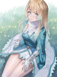 Rule 34 | 1girl, alternate hair length, alternate hairstyle, blonde hair, blue dress, blue eyes, blue hair, breasts, closed mouth, commentary, dress, earrings, elbow gloves, fire emblem, fire emblem heroes, fjorm (fire emblem), fur-trimmed collar, fur trim, gloves, gradient hair, grass, highres, jewelry, lips, long hair, long sleeves, looking at viewer, medium breasts, multicolored hair, nintendo, pink lips, sakuramotikun, signature, sitting, smile, solo, symbol-only commentary, thighs, two-tone hair, white gloves, wide sleeves