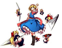 Rule 34 | &gt;:o, 1girl, :o, alice margatroid, baba (baba seimaijo), blonde hair, blue dress, blue eyes, boots, bow (weapon), breasts, brown footwear, butcher knife, capelet, cross-laced footwear, dress, feet together, full body, grimoire of alice, hairband, highres, holding, holding weapon, hourai doll, lace-up boots, lance, lolita hairband, looking at viewer, neck ribbon, petticoat, polearm, puffy short sleeves, puffy sleeves, puppet rings, red ribbon, ribbon, ring, sash, shanghai doll, short hair, short sleeves, small breasts, tachi-e, touhou, transparent background, v-shaped eyebrows, weapon