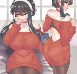 Rule 34 | 1girl, ass, back cutout, bare shoulders, black hair, blush, breasts, choker, clothing cutout, collarbone, dress, highres, large breasts, long sleeves, medium hair, multiple views, off-shoulder sweater, off shoulder, pantyhose, parted lips, red choker, red eyes, red sweater, spy x family, sweater, sweater dress, thighs, wakura (gcdan), yor briar