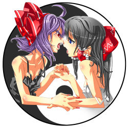 Rule 34 | 2girls, bat wings, black hair, bow, breasts, cleavage, eye contact, fang, female focus, hair bow, hakurei reimu, holding hands, imminent kiss, looking at another, multiple girls, nail polish, open mouth, purple hair, red eyes, remilia scarlet, short hair, small breasts, squemezzo, strap slip, tongue, touhou, wings, yuri