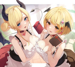 Rule 34 | 2girls, absurdres, ahoge, apron, bat wings, blonde hair, blue eyes, blush, breast tattoo, breasts, chest tattoo, choker, cleavage, demon girl, demon horns, demon tail, demon wings, earrings, fang, hair bun, hair ornament, hairclip, head wings, highres, hololive, horns, jewelry, large breasts, long hair, looking at viewer, medium hair, multiple girls, open mouth, pointy ears, red choker, short hair, skin fang, tail, tattoo, tyabesu, valentine, vampire, virtual youtuber, winged heart, wings, yellow eyes, yozora mel, yuzuki choco