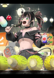 Rule 34 | + +, 1girl, :d, absurdres, ahoge, alternate eye color, belt, belt collar, between fingers, black belt, black hair, black jacket, black skirt, black sleeves, blush, bra, candy apple, chocolate banana, collar, commentary request, corn cob, cotton candy, cowboy shot, cropped jacket, demon girl, demon horns, demon tail, detached sleeves, eating, fangs, festival, fingernails, flat chest, flower, food, green eyes, grey horns, grill, hair between eyes, hair flower, hair ornament, hair ribbon, highres, holding, horns, i namatsu, jacket, letterboxed, long hair, long sleeves, looking at food, medium bangs, midriff, multicolored hair, nanashi inc., navel, off shoulder, oinomori may, one side up, open clothes, open jacket, open mouth, pink bra, pink hair, pink ribbon, pleated skirt, pointy ears, ribbon, shaved ice, skirt, sleeveless, sleeveless jacket, smile, solo, sparkle, tail, two-tone hair, underwear, virtual youtuber