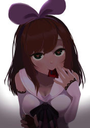Rule 34 | 1girl, 2017, absurdres, blue eyes, blush, breasts, brown hair, cleavage, closed mouth, condom, condom in mouth, condom wrapper, dated, detached sleeves, disembodied penis, erection, gradient background, haapi jang p, hairband, handjob, head tilt, heart, heart-shaped pupils, highres, holding, jpeg artifacts, kizuna ai, kizuna ai inc., long hair, looking at viewer, medium breasts, mouth hold, penis, precum, sailor collar, sleeves past wrists, smile, solo focus, swept bangs, symbol-shaped pupils, uncensored, virtual youtuber, white background