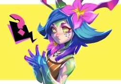 Rule 34 | 1girl, ?, blue skin, closed mouth, colored skin, flat chest, flower, freckles, from side, green hair, green skin, hair flower, hair ornament, highres, league of legends, looking at viewer, medium hair, neeko (league of legends), own hands together, pink flower, reagan long, shiny skin, slit pupils, solo, swept bangs, white background, yellow background