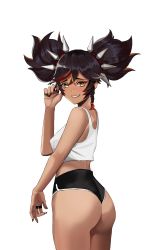 Rule 34 | 1girl, :d, absurdres, ass, bare shoulders, bellone, black nails, black shorts, blush, dark-skinned female, dark skin, dolphin shorts, from side, genshin impact, highres, looking at viewer, multicolored hair, nail polish, open mouth, red hair, short shorts, short twintails, shorts, simple background, smile, solo, spikes, streaked hair, tank top, twintails, white background, white tank top, xinyan (genshin impact), yellow eyes
