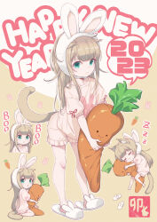 Rule 34 | 1girl, 2023, 40hara, :o, animal ears, animal slippers, blonde hair, blunt bangs, bow, bunny slippers, carrot, cat ears, cat girl, cat tail, commentary request, english text, fake animal ears, frilled shorts, frills, green eyes, happy new year, headband, highres, holding, holding stuffed toy, hug, kinako (40hara), logo, long hair, looking at viewer, new year, hugging object, original, pajamas, pink pajamas, pink shirt, pink shorts, puffy short sleeves, puffy sleeves, rabbit ears, red bow, shirt, short sleeves, shorts, simple background, sleeping, slippers, smile, solo, stuffed carrot, stuffed toy, tail, white background, yellow background, zzz