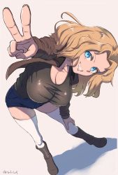 Rule 34 | 1girl, absurdres, blonde hair, blue eyes, blush, boots, breasts, brown footwear, brown tank top, clothes lift, denim, denim shorts, girls und panzer, hair intakes, hand on own knee, hanging breasts, highres, kay (girls und panzer), large breasts, leaning forward, long hair, looking at viewer, shadow, shirt lift, short shorts, shorts, smile, solo, takefu jiin, tank top, twitter username, v, white background, white legwear