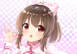 Rule 34 | 1girl, blush, bow, breasts, brown hair, chestnut mouth, commentary request, cuff links, eyes visible through hair, hair bow, hand on own hip, hand up, high collar, high ponytail, highres, hori yuuko, idol, idolmaster, idolmaster cinderella girls, jacket, kira! mankai smile, large bow, long sleeves, looking at viewer, medium breasts, medium hair, ok sign, open mouth, pink bow, pink jacket, portrait, raised eyebrows, red eyes, sidelocks, sleeve cuffs, solo, sora (silent square), tareme