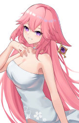 Rule 34 | 1girl, absurdres, alternate costume, animal ears, bare arms, bare shoulders, breasts, choker, cleavage, commentary, czk, dress, floral print, fox ears, genshin impact, grin, hair between eyes, highres, large breasts, long hair, looking at viewer, pink hair, purple eyes, simple background, smile, solo, strapless, strapless dress, upper body, very long hair, white background, white choker, white dress, yae miko