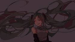Rule 34 | 1girl, arms at sides, bad id, bad pixiv id, bare shoulders, close-up, clothes lift, detached sleeves, floating hair, glowing, glowing eyes, grin, hatsune miku, hazakura chikori, long hair, looking at viewer, necktie, open mouth, red eyes, shirt, simple background, sleeveless, sleeveless shirt, smile, solo, teeth, twintails, upper body, upper teeth only, v-shaped eyebrows, very long hair, vocaloid