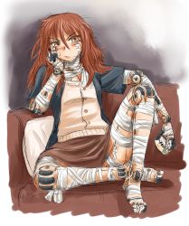 Rule 34 | 1girl, bandages, blush, brown hair, character request, head rest, cyborg, flat chest, frown, highres, joints, latin: takahata enaga tanpenshuu, long hair, robot joints, sao satoru, sitting, sketch, skirt, solo, vest, yellow eyes