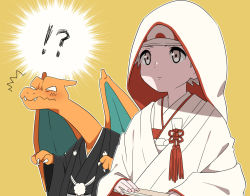 Rule 34 | !?, 1boy, bad id, bad pixiv id, black kimono, blush, brown eyes, brown hair, charizard, claws, clothed pokemon, commentary request, creatures (company), crossdressing, fangs, fangs out, game freak, gen 1 pokemon, hat, holding, hood, hood up, japanese clothes, kimono, male focus, nail polish, nintendo, pink nails, pokemon, pokemon (creature), pokemon frlg, pumpkinpan, red (pokemon), red headwear, short hair, simple background, spiked hair, uchikake, upper body, wavy mouth, yellow background