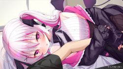 Rule 34 | 1girl, 1other, amamiya sera, arm hug, bare shoulders, black jacket, black neckwear, blush, bow, bowtie, commission, demon girl, demon tail, demon wings, fingernails, hair ornament, hair ribbon, hairclip, heart, heart-shaped pupils, highres, indie virtual youtuber, jacket, lying, multicolored hair, nail polish, nogami (minamiituki), on bed, on side, open clothes, open jacket, open mouth, pink hair, pov, pov hands, ribbed shirt, ribbon, shirt, skeb commission, solo focus, streaked hair, symbol-shaped pupils, tail, twintails, virtual youtuber, white shirt, wings, x hair ornament