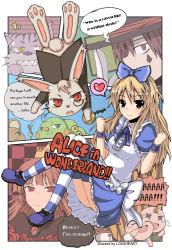 Rule 34 | alice (alice in wonderland), alice in wonderland, bow, cheshire cat (alice in wonderland), english text, hair bow, heart, laughing, lock heart (juuryokudou), long hair, looking at viewer, mad hatter (alice in wonderland), queen of hearts (alice in wonderland), red eyes, smile, spoken heart, striped clothes, striped legwear, striped thighhighs, tears, thighhighs, tweedledee (wonderland), tweedledum (wonderland), white rabbit (alice in wonderland)
