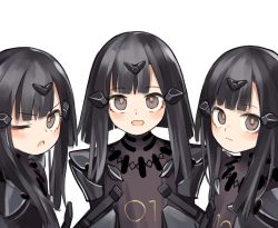 Rule 34 | 3girls, black hair, brown eyes, character request, closed mouth, commentary request, girls&#039; frontline, long hair, looking at viewer, multiple girls, nyto (girls&#039; frontline), one eye closed, open mouth, paradeus, simple background, tianliang duohe fangdongye, white background