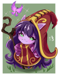 Rule 34 | 1girl, animal ears, blush, brown footwear, closed mouth, colored skin, dress, ears through headwear, fairy, fairy wings, fang, grass, green eyes, hands on own hips, hat, highres, kukurixi, large hat, league of legends, long hair, lulu (league of legends), outdoors, purple hair, purple skin, red dress, red headwear, smile, smug, sparkle, staff, standing, very long hair, wings, witch hat, yordle