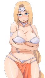 Rule 34 | 1girl, armlet, bikini, blonde hair, blue eyes, blush, bracelet, breast hold, breasts, crossed arms, curvy, dancer&#039;s costume (dq), dragon quest, dragon quest vi, green eyes, hip focus, jewelry, large breasts, long hair, lots of jewelry, minakami (flyingman555), mireyu, oekaki, pelvic curtain, plump, simple background, solo, square enix, swimsuit, white background