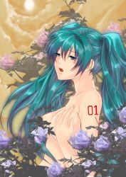 Rule 34 | 1girl, absurdres, aqua hair, blue eyes, breasts, censored, convenient censoring, covering privates, covering breasts, female focus, flower, green hair, hand on own chest, hatsune miku, highres, holding, long hair, mintes, nipples, nude, nude cover, open mouth, pink flower, pink rose, rose, solo, tattoo, topless frame, twintails, upper body, vocaloid