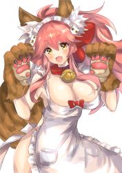 Rule 34 | 1girl, animal ear fluff, animal ears, animal hands, apron, artist request, bare shoulders, bell, blush, bow, breasts, cat hair ornament, cat paws, cleavage, collar, eyebrows, fang, fate/grand order, fate (series), fox ears, fox tail, frills, gloves, hair between eyes, hair bow, hair ornament, hands up, highres, hip focus, jingle bell, large breasts, long hair, looking at viewer, maid headdress, naked apron, neck bell, open mouth, paw gloves, pink hair, red bow, sidelocks, simple background, solo, tail, tamamo (fate), tamamo cat (fate), tamamo cat (third ascension) (fate), yellow eyes