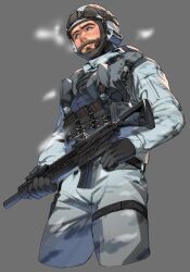 Rule 34 | 1boy, absurdres, beard, black gloves, blue eyes, bulletproof vest, call of duty, call of duty: modern warfare 2, captain price, closed mouth, coni0771, facial hair, gloves, grey background, grey jacket, grey pants, gun, helmet, highres, holding, holding gun, holding weapon, jacket, male focus, pants, simple background, solo, weapon