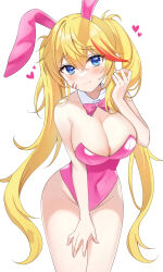Rule 34 | 1girl, absurdres, animal ears, blonde hair, blue eyes, bow, bowtie, breasts, cleavage, commentary, cowboy shot, detached collar, english commentary, hari83421, highres, large breasts, leotard, long hair, original, pink bow, pink bowtie, pink leotard, playboy bunny, rabbit ears, scar, scar on face, simple background, solo, strapless, strapless leotard, twintails, white background