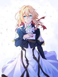 Rule 34 | 10s, 1girl, blonde hair, blue eyes, blue jacket, brooch, dress, envelope, fu xiao, hair between eyes, hair intakes, hair ribbon, hand on own chest, highres, jacket, jewelry, letter, long skirt, long sleeves, looking at viewer, red ribbon, ribbon, skirt, smile, solo, violet evergarden, violet evergarden (series)
