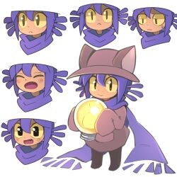 Rule 34 | 1other, :&lt;, ^ ^, androgynous, animal hat, black footwear, blush, boots, brown dress, brown eyes, brown hat, cat hat, child, closed eyes, colored sclera, dress, expressions, fang, frown, full body, hat, houten (dre a mer), light bulb, long sleeves, looking at viewer, multiple views, niko (oneshot), oneshot (game), open mouth, other focus, purple hair, purple scarf, scarf, short hair, simple background, sleeves past fingers, sleeves past wrists, slit pupils, smile, standing, sweatdrop, white background, yellow sclera