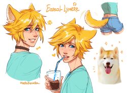 Rule 34 | 1boy, absurdres, alternate costume, animal, animal ears, ass, blonde hair, blue eyes, blue shorts, blush, brown choker, character name, choker, cup, dog, dog boy, dog ears, dog tail, drinking glass, drinking straw, ezreal, freckles, from behind, green shirt, heart, highres, hlepopechka (oggihelga), holding, holding cup, jewelry, league of legends, looking at viewer, male focus, multiple views, necklace, portrait, shirt, short hair, shorts, tail, teeth, upper teeth only
