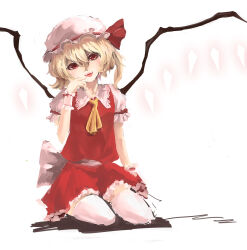 Rule 34 | 1girl, back bow, blonde hair, bow, breasts, fangs, flandre scarlet, frilled skirt, frilled sleeves, frills, hair between eyes, hat, hat ribbon, head tilt, highres, longxia hui changge, looking at viewer, medium hair, mob cap, open mouth, puffy short sleeves, puffy sleeves, red eyes, red ribbon, red skirt, red vest, ribbon, shirt, short sleeves, sitting, skirt, skirt set, sleeve ribbon, small breasts, solo, teeth, thighhighs, touhou, upper teeth only, vest, white background, white bow, white hat, white shirt, white thighhighs, wings, wrist cuffs, yokozuwari
