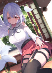Rule 34 | 1girl, absurdres, alternate costume, bare shoulders, feet out of frame, flower, flower request, highres, kishin sagume, light blush, light smile, long hair, looking at viewer, medium hair, niko kusa, pleated skirt, red eyes, red skirt, silver hair, single wing, sitting, skirt, solo, thighhighs, touhou, white flower, wings
