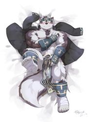 Rule 34 | 1boy, abs, absurdres, animal ears, bara, bare pectorals, blush, boogbogex, bulge, chest hair, erection, erection under clothes, furry, furry male, grey fur, grey hair, headband, highres, horkeu kamui, jacket, jacket on shoulders, large pectorals, leg up, male focus, multicolored hair, muscular, navel, nipples, pectorals, short hair, solo, tail, thick thighs, thighs, tokyo houkago summoners, two-tone fur, white fur, wolf boy, wolf ears, wolf tail, yellow eyes