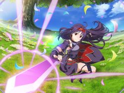 Rule 34 | 1girl, ahoge, armor, black socks, blue sky, breastplate, closed mouth, day, detached sleeves, fingerless gloves, floating hair, game cg, gloves, grass, hairband, holding, holding sword, holding weapon, kneehighs, long hair, long sleeves, looking at viewer, outdoors, petals, purple armor, purple gloves, purple hair, purple skirt, purple sleeves, red eyes, red hairband, side slit, skirt, sky, smile, socks, solo, sword, sword art online, sword art online: alicization, sword art online: alicization rising steel, sword art online: unleashed blading, tree, very long hair, weapon, yuuki (sao)