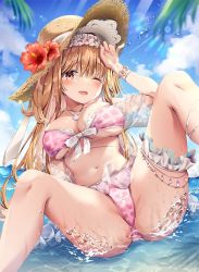 Rule 34 | 1girl, beach, bikini, breasts, bridal garter, character request, checkered bikini, checkered clothes, collar, hat, highres, jewelry, kinokomushi, large breasts, long hair, long sleeves, necklace, ocean, one eye closed, open mouth, original, panties, pink bikini, shell, shell necklace, solo, spread legs, swimsuit, tagme, underwear