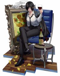 Rule 34 | 1girl, alcohol, arm behind back, black footwear, black hair, black jacket, black necktie, black pants, blush, bottle, breasts, chainsaw man, chair, cigarette, cigarette holder, closed mouth, crossed legs, cup, drawing (object), drinking glass, eyepatch, floor, full body, glass, green eyes, highres, himeno (chainsaw man), holding, holding cup, jacket, jacket on shoulders, long sleeves, looking at viewer, medium breasts, necktie, pants, petals, red wine, shinoda giri, shirt, shoes, short hair, simple background, sitting, smoke, solo, table, twitter username, white shirt, wine, wine bottle, wine glass