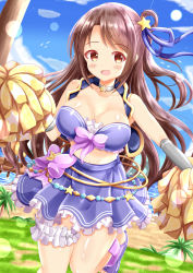 Rule 34 | 1girl, bare shoulders, bikini, blue footwear, blue ribbon, blue skirt, bow, breasts, bridal garter, brown eyes, brown hair, cheerleader, cleavage, commentary request, day, frilled skirt, frills, hair ornament, hair ribbon, hair rings, hatsune (princess connect!), hatsune (summer) (princess connect!), highres, idolmaster, idolmaster cinderella girls, idolmaster cinderella girls starlight stage, long hair, medium breasts, navel, one side up, outdoors, palm tree, parted bangs, pink bow, pleated skirt, pom pom (cheerleading), purple bikini, ribbon, sandals, shimamura uzuki, skirt, solo, standing, standing on one leg, star (symbol), star hair ornament, swimsuit, tree, very long hair, voice actor connection, water, xenon (for achieve)