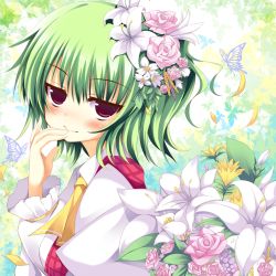Rule 34 | 1girl, blush, breasts, bug, butterfly, female focus, flower, from side, green hair, hair flower, hair ornament, hand to own mouth, bug, kazami yuuka, kusano (torisukerabasu), lily (flower), looking at viewer, medium breasts, petals, pink flower, pink rose, plaid, plaid vest, red eyes, rose, short hair, smile, solo, touhou, upper body, vest