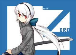 Rule 34 | 1girl, adyisu, borrowed character, character name, exice-zero, hairband, long hair, original, red eyes, simple background, solo, sword, very long hair, weapon, white hair