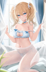 Rule 34 | 1girl, barbara (genshin impact), bare shoulders, bell, blonde hair, blue choker, blue eyes, bra, breasts, cat bra, cat lingerie, choker, collarbone, commentary request, curtain grab, curtains, cyicheng, frilled bra, frills, genshin impact, jingle bell, looking at viewer, medium breasts, meme attire, navel, neck bell, pantyhose, parted lips, partial commentary, see-through, sitting, solo, stomach, strap slip, thighs, twintails, underwear, underwear only, white pantyhose, window