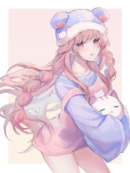 Rule 34 | 1girl, :o, blue headwear, border, braid, cat-shaped pillow, collarbone, cowboy shot, dress, highres, kaedetou, leaning forward, long hair, long sleeves, looking at viewer, maplestory, pink background, pink dress, pink eyes, pink hair, purple shirt, shirt, solo, twin braids, twintails, white border, wide sleeves