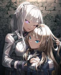 Rule 34 | 2girls, ak-12 (girls&#039; frontline), an-94 (girls&#039; frontline), artificial eye, black gloves, blue eyes, braid, brick wall, closed mouth, french braid, girls&#039; frontline, gloves, hairband, long hair, long sleeves, looking at viewer, multiple girls, one eye closed, partially fingerless gloves, purple eyes, silence girl, silver hair, upper body