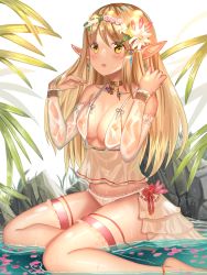 Rule 34 | 1girl, ame sagari, bare shoulders, blonde hair, breasts, cleavage, collar, collarbone, detached sleeves, elf, hands up, head wreath, highres, leaf, long hair, long sleeves, medium breasts, orange eyes, original, parted lips, petals, pointy ears, see-through, shirt, showgirl skirt, sidelocks, sitting, solo, thigh strap, thighs, water, wet, wet clothes