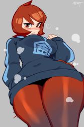 Rule 34 | 1girl, absurdres, arezu (pokemon), blush, breasts, closed mouth, creatures (company), game freak, gradient clothes, gradient legwear, highres, jacket, long sleeves, looking at viewer, nezulet, nintendo, pantyhose, pantyhose under shorts, pokemon, pokemon legends: arceus, red eyes, red hair, short hair, shorts, smile, solo, thick thighs, thigh focus, thighs