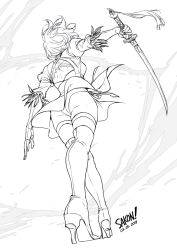 Rule 34 | 1girl, ass, back, back cutout, boots, clothing cutout, dated, feather trim, gloves, greyscale, high heel boots, high heels, highres, holding, holding sword, holding weapon, katana, knee boots, lineart, monochrome, nier (series), nier:automata, puffy sleeves, sakon04, short hair, signature, solo, standing, sword, thighhighs, weapon, 2b (nier:automata)