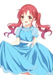Rule 34 | 1girl, :d, absurdres, blue dress, blush, commentary request, dress, flower, gochuumon wa usagi desu ka?, highres, kousaka nobaku, long hair, looking at viewer, natsu megumi, open mouth, pink flower, puffy short sleeves, puffy sleeves, red eyes, red hair, short sleeves, sidelocks, simple background, skirt hold, smile, solo, twintails, white background, white flower