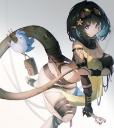 Rule 34 | 1girl, absurdres, animal, arknights, bandeau, bare shoulders, barefoot, bird, black gloves, black hair, black neckwear, black scarf, black wristband, breasts, brown bag, cleavage, closed mouth, commentary request, detached sleeves, eunectes (arknights), flower, gloves, goggles, goggles on head, gradient background, grey background, hair flower, hair ornament, highres, holding, holding wrench, long sleeves, looking at viewer, medium hair, midriff, mooofoo, navel, orange flower, pointy ears, purple eyes, scarf, sidelocks, simple background, single glove, single sleeve, snake tail, solo, stomach, strapless, tail, thigh strap, thighs, torn clothes, tube top, white background, wrench, wristband
