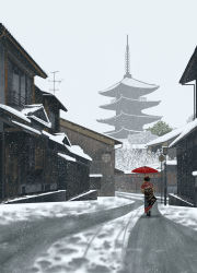 Rule 34 | 1girl, architecture, city, day, doora (dora0913), east asian architecture, from behind, happy new year, highres, house, japanese clothes, kimono, kyoto, landmark, new year, oil-paper umbrella, original, outdoors, pagoda, real world location, revision, road, scenery, snow, snowing, tree, umbrella, winter scenery, yasaka pagoda
